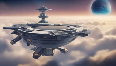 Space ship and、A floating space with buildings and structures flying around it.。
