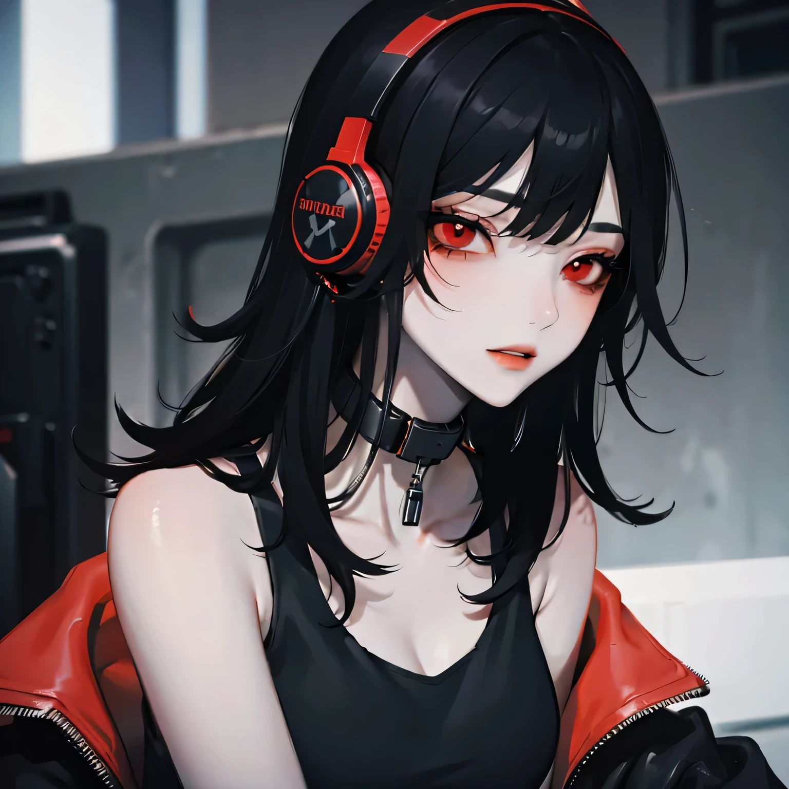 Jacke，Kopfhörer, Cyberpunk Anime Girl, weiblich, Pechschwarzes Haar, Cool，rote Augen，rote Augen，Verknüpfungen，HALSBAND，freiliegende Schultern，Tank top