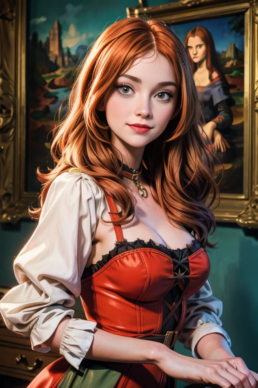 une femme de 25 ans, rousse, Sexy, sourire romantique, HD, 8k, chef-d&#39;œuvre, beaucoup de détails, La Joconde, Mona Lisa, posant, atelier de peinture, peinture sur les murs