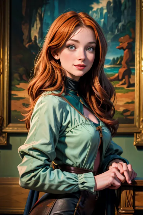 une femme de 25 ans, rousse, sexy, romantic smile, HD, 8k, masterpiece, a lot of details, la Joconde, Mona Lisa, posant, atelier...