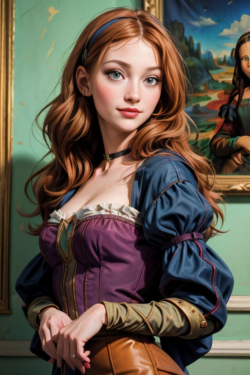 une femme de 25 ans, rousse, sexy, romantic smile, HD, 8k, masterpiece, a lot of details, en tenue de Mona Lisa, posant comme la Joconde, Mona Lisa, posant, atelier de peinture, peinture sur les murs