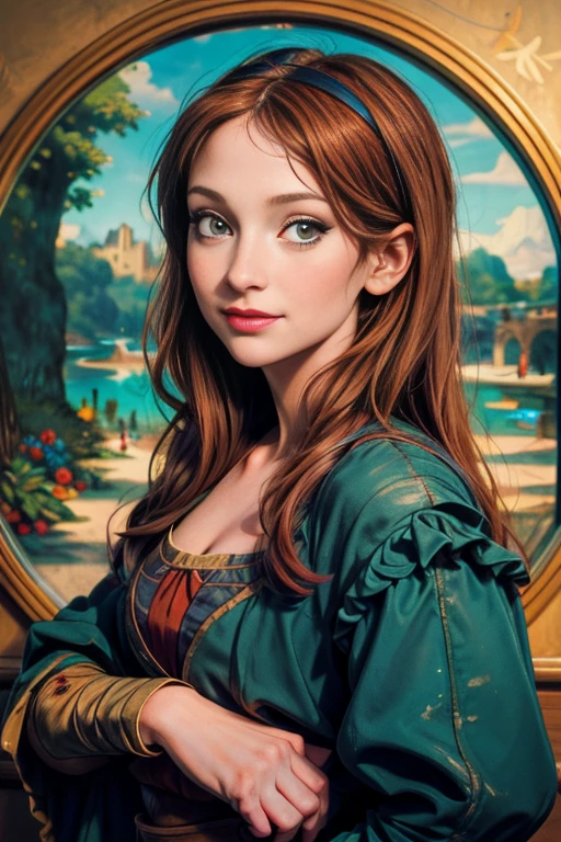 une femme de 25 ans, rousse, sexy, romantic smile, HD, 8k, masterpiece, a lot of details, en tenue de Mona Lisa, posant comme la Joconde, Mona Lisa, posant, atelier de peinture, peinture sur les murs
