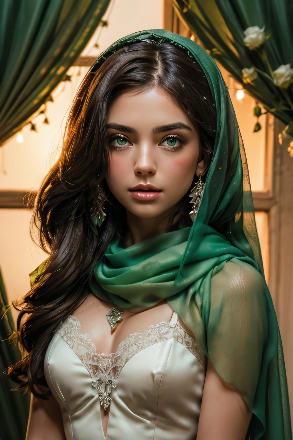 (((Misteriosa figura morena ))) 30 años, ojos verdes profundos, Brillos de colores en los ojos y la boca., manos perfectas, En lencería floral blanca en encaje transparente., (((medio cuerpo))) , Pañuelo verde en la cabeza con joyas., collar y aretes, cristales de colores, Sosteniendo un ramo de rosas blancas cerca de su cara., iluminación suave, cortinas de terciopelo verde, jarrones de flores blancas, fondo nocturno, alta calidad, 8K, hdr.