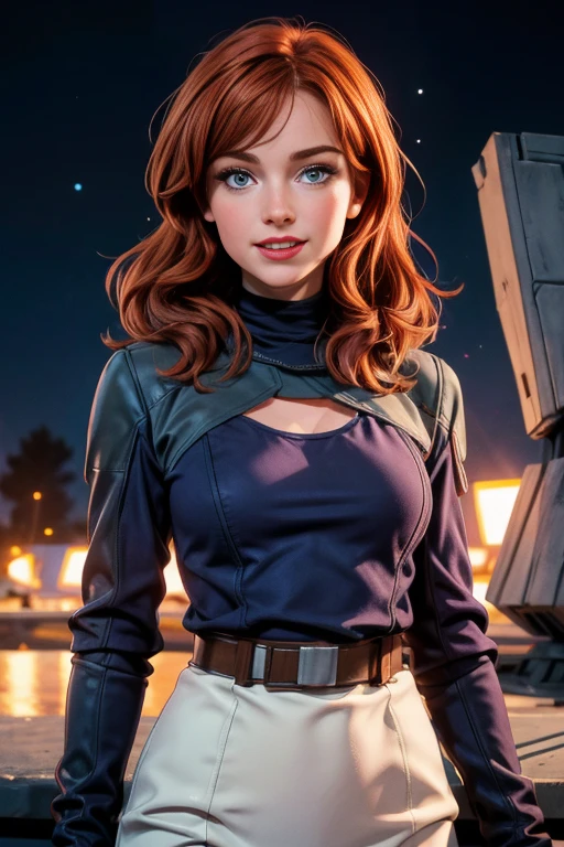 une femme de 25 ans, rousse, sexy, romantic smile, HD, 8k, masterpiece, a lot of details, star war, soldat de l'empire, armure blanche