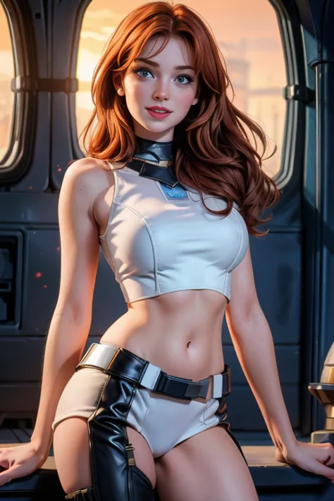 une femme de 25 ans, rousse, sexy, romantic smile, HD, 8k, masterpiece, a lot of details, star war, soldat de l'empire, armure b...