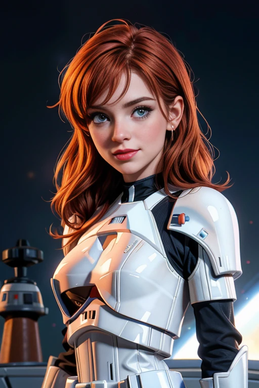 une femme de 25 ans, rousse, sexy, romantic smile, HD, 8k, masterpiece, a lot of details, star war, storm trooper, soldat de l'empire, armure blanche