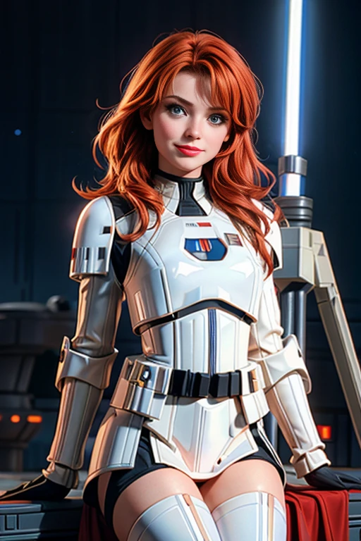 une femme de 25 ans, rousse, sexy, romantic smile, HD, 8k, masterpiece, a lot of details, star war, storm trooper, soldat de l'empire, armure blanche