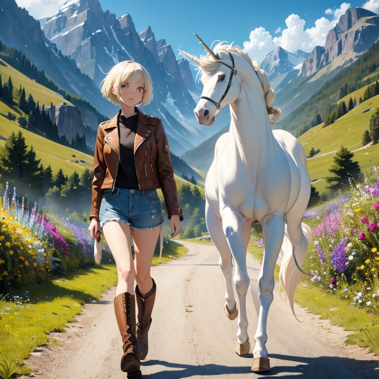 White unicorn and blonde girl with short hair walking　Wearing brown boots　Wearing short denim　Wearing a leather jacket　In the mountains　Flowers are blooming