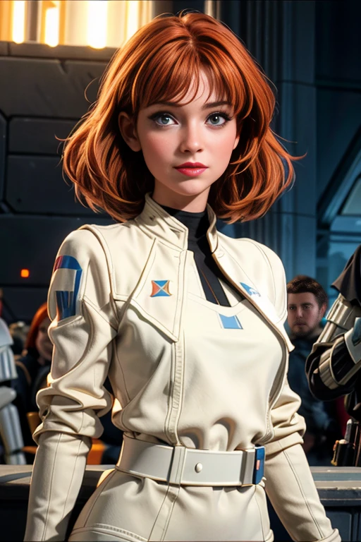 une femme de 25 ans, rousse, sexy, romantic smile, HD, 8k, masterpiece, a lot of details, star war, storm trooper, soldat de l'empire, armure blanche