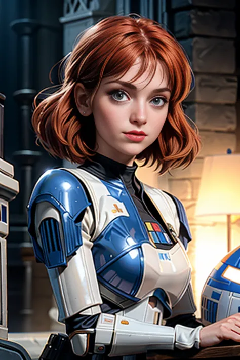 une femme de 25 ans, rousse, sexy, romantic smile, HD, 8k, masterpiece, a lot of details, star war, storm trooper, soldat de l'e...