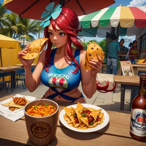 mexican woman eating tacos, mexican food stall tortillas and nachos　tight tank top and hot pants　highest quality　tequila and cor...