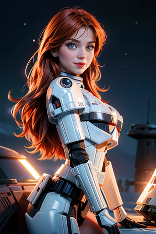 une femme de 25 ans, rousse, sexy, romantic smile, HD, 8k, masterpiece, a lot of details, star war, storm trooper, soldat de l'empire, armure blanche, bikini robotique