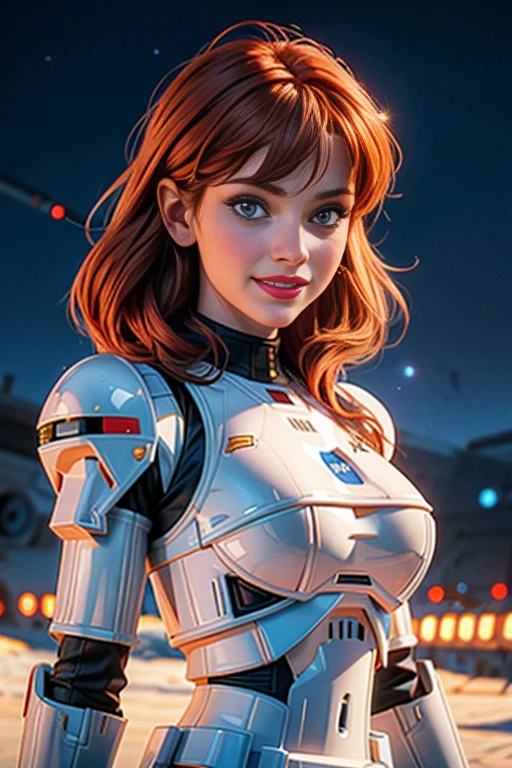 25-летняя женщина, рыжая, сексуальный, романтическая улыбка, HD, 8К, шедевр, много деталей, Звездная война, штурмовик, солдат империи, белая броня, роботизированное бикини