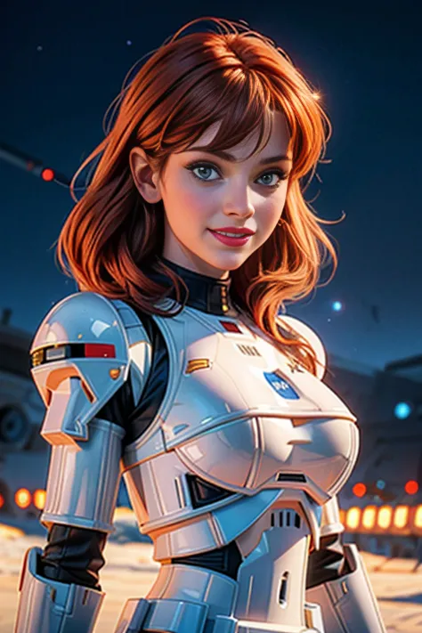 une femme de 25 ans, rousse, sexy, romantic smile, HD, 8k, masterpiece, a lot of details, star war, storm trooper, soldat de l'e...