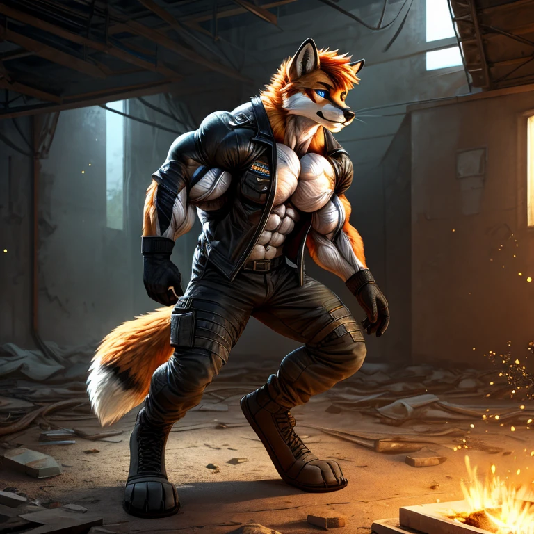 Masterpieces, furry, male, Anthropomorphic, red fox, blue eyes, black mark on muzzle, thin body, age 20, Delicate eyes, furred body, at chernobyl, perfect lighting, light particles,(best quality),(masterpiece),(ultra detailed), sharp focus, light particles, detailed barren background, black camo military short, shirtless , no shirt , fierce look, soldier look, full body, eight pack abs, brown forearms, (detailed muscle:2), orange hair, digitigrade, open black leather jacket 