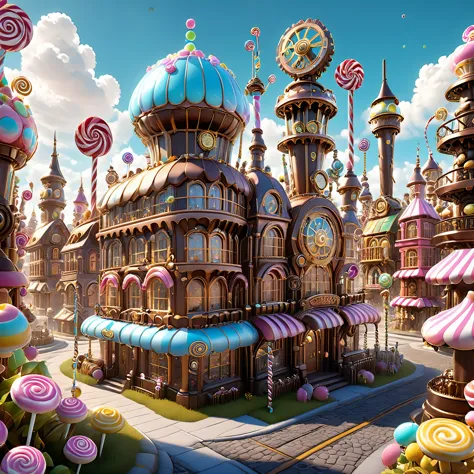 Challenge AI to reimagine the candy city with a steampunk twist, integrating gears, cogs, and intricate mechanical elements into...