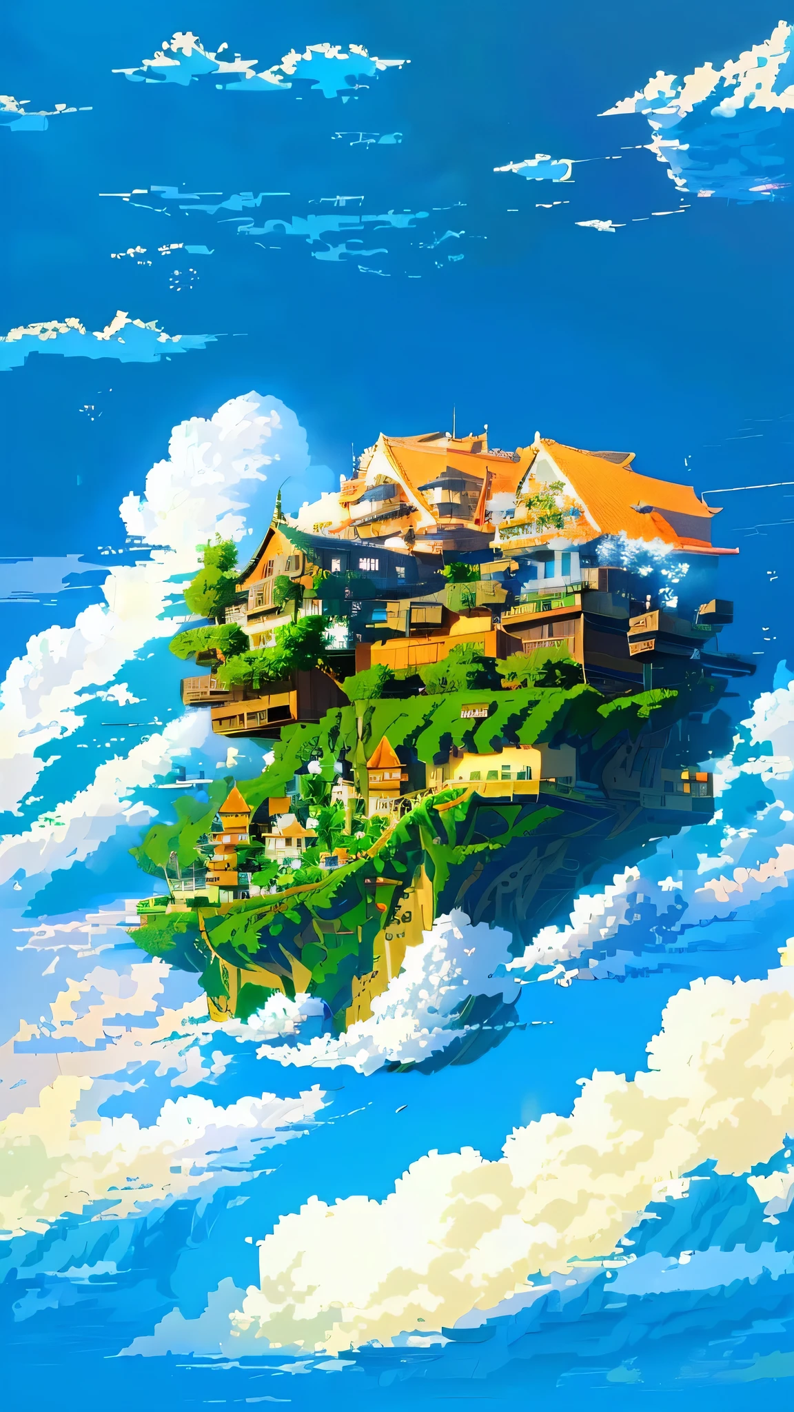 paisagem de anime com casas flutuantes em uma baleia no céu, castelo de nuvem voadora, casas flutuantes no céu style, cidade flutuante nas nuvens, casas flutuantes ilha no céu, ilha isométrica no céu, Castelo no céu, casas flutuantes no céu, Ilha flutuante no céu, cidade flutuante no céu, coberto de gramíneas verde-escuras e glicínias vermelhas, casas flutuantes sem base engolfadas por nuvens, bela arte pixel detalhada, Palácio das Nuvens, estúdio ghibli céu