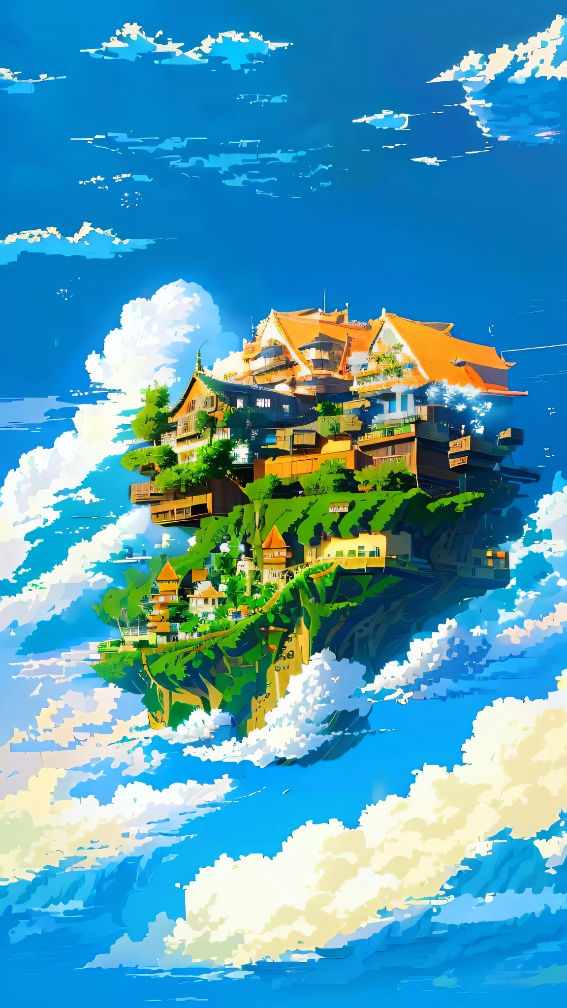 anime landscape with a floating houses on a whale in the sky, flying cloud castle, floating houses in the sky style, floating city on clouds, floating houses island in the sky, isometric island in the sky, castle in the sky, floating houses in the sky, floating island in the sky, floating city in the sky, covered in dark green grasses and red wisteria, baseless floating houses engulfed with clouds, beautiful detailed pixel art, cloud palace, studio ghibli sky