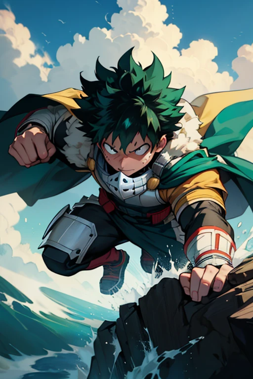 Un Izuku Midoriya con All Might&#39;sus músculos serían una versión increíblemente poderosa e imponente del héroe. Con músculos tonificados y robustos., Su fuerza y resistencia serían incomparables... Su traje inspirado en All Might sería una combinación perfecta de estilo y funcionalidad.., con el característico diseño en forma de "Y" en el pecho y los colores verde, negro y blanco decorando su uniforme. 

La capa ondeando detrás de él agregaría un toque de majestuosidad a su apariencia.., haciéndolo lucir aún más impresionante. Con esta nueva apariencia, Izuku Midoriya sería realmente un héroe formidable y digno de admiración.