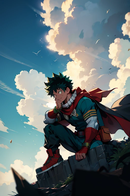 Un Izuku Midoriya con All Might&#39;sus músculos serían una versión increíblemente poderosa e imponente del héroe. Con músculos tonificados y robustos., Su fuerza y resistencia serían incomparables... Su traje inspirado en All Might sería una combinación perfecta de estilo y funcionalidad.., con el característico diseño en forma de "Y" en el pecho y los colores verde, negro y blanco decorando su uniforme. 

La capa ondeando detrás de él agregaría un toque de majestuosidad a su apariencia.., haciéndolo lucir aún más impresionante. Con esta nueva apariencia, Izuku Midoriya sería realmente un héroe formidable y digno de admiración.