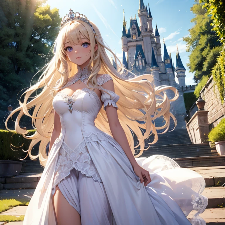 Frente al castillo　vestido blanco　vestido largo　vestido de encaje　rubio　chica　pelo largo　tiara