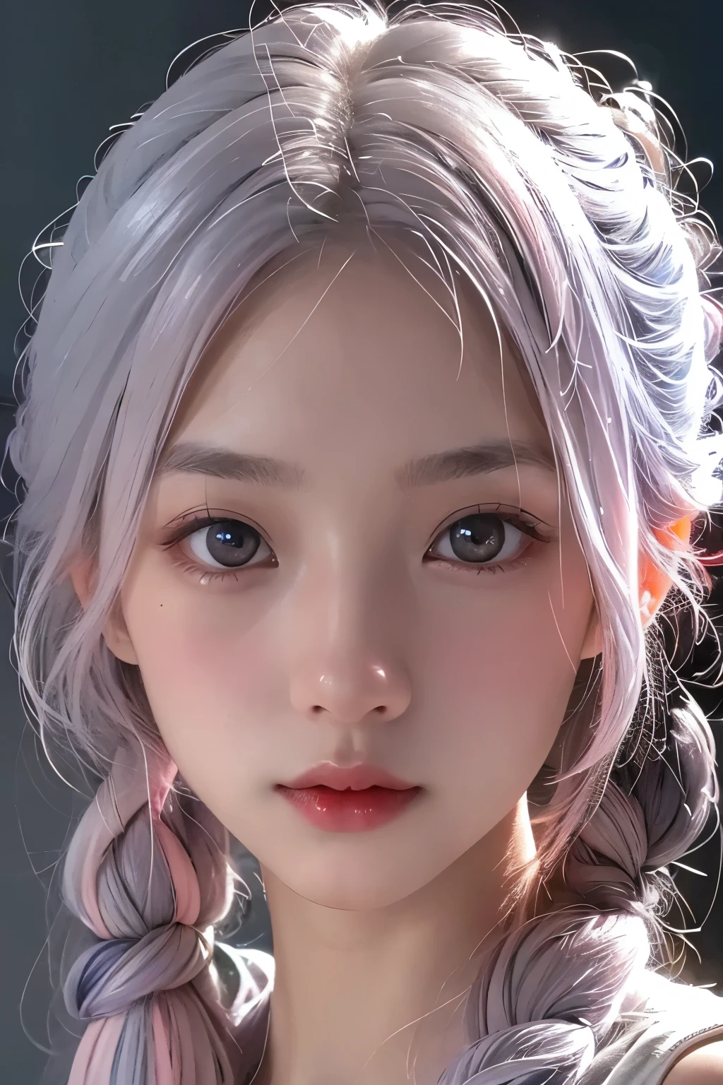 ((upper body)), 1girll,Light shines on the face, rosy lips, topknot, glowing eyes, hair bun, Surrealism, close-up, Sony FE GM, polar opposites, symmetry, UHD, masterpiece, super detail, high details, highres,pink silver hair,Small breasts,Are thin,