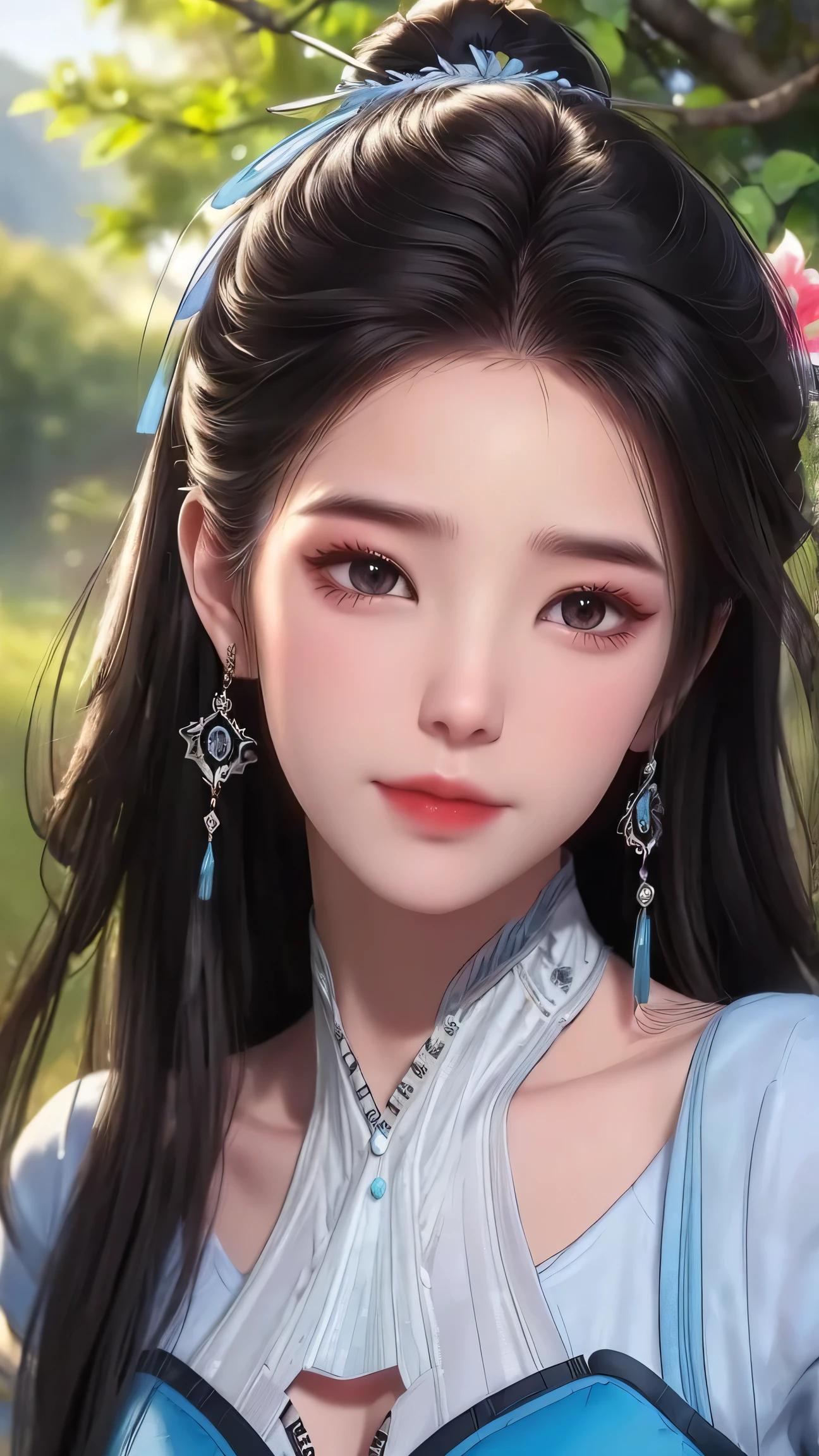 (best quality,ultra-detailed,photorealistic:1.37),vivid colors,studio lighting,beautiful detailed eyes,beautiful detailed lips,extremely detailed eyes and face,long eyelashes,portraits,black hair,confident expression,feminine,standing in a garden,soft sunlight, scenery,flower blossoms,peaceful atmosphere,artistic touch,textured brushstrokes,subtle color variations,brilliant white highlights,delicate movements,graceful pose,slight breeze,rustling leaves,sophisticated style,professional artwork,female beauty.