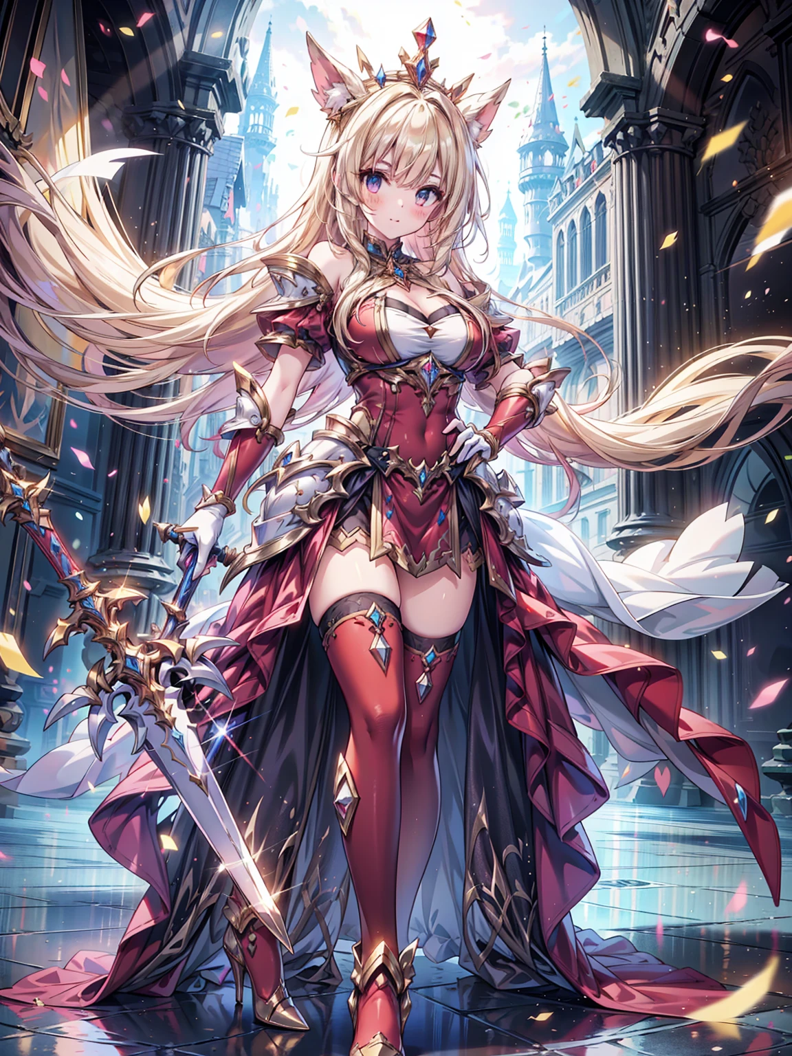 masterpiece, best quality, high resolution, extremely detailed CG, absurdres, full body, 1girl, solo, a girl in armor and a crown holding a large sword, white armor, golden decoration, red_outfit, off-shoulder, thighhighs, long hair, blond hair, leg armor, cleavage, crown, gloves, armor, white gloves, high heels, off-shoulder armor, >:), Standing posing