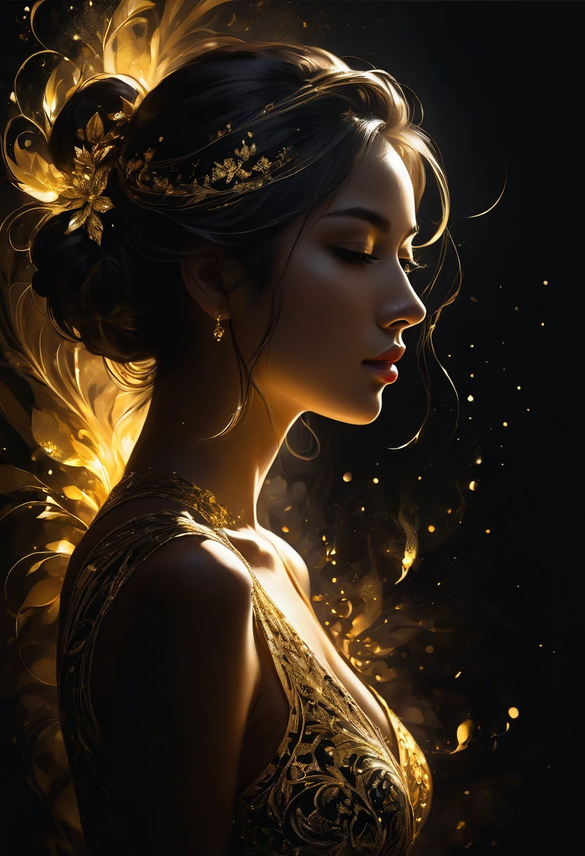 Close-up, Shadow Art, Beautiful Silhouette, Backlit Woman, Side View, White Outline Drawing on Dark Black Background, Shadows, Mysterious, Nikas Safronov Style, Henry Asensio, Studio Ghibli Genshin Impact
golden patterns, golden and black spirit, liquid gold explosion, golden smoke magic, star dust, golden milky way, black background, magic fog, alcohol ink,