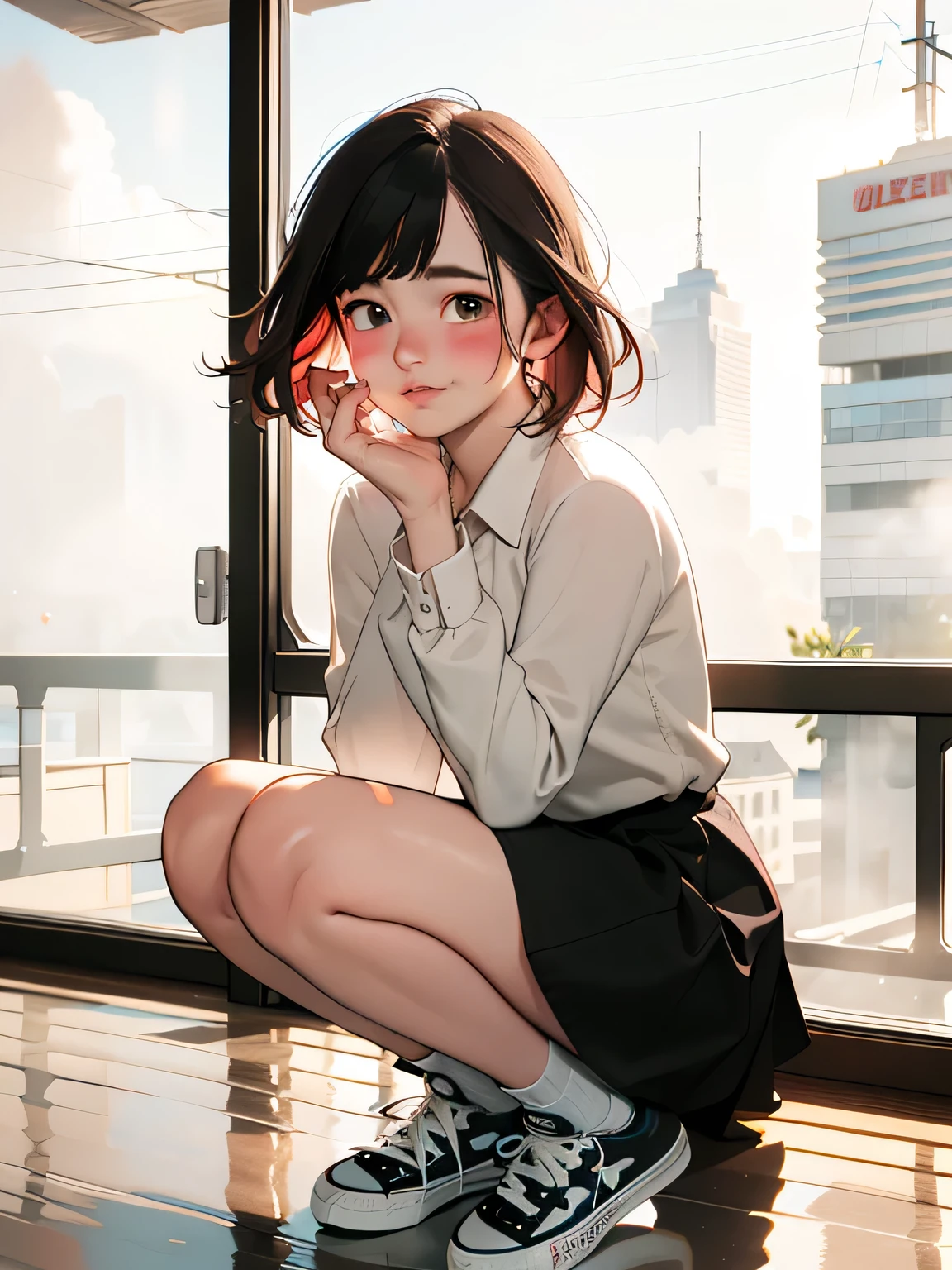 A swedish, American,  german, young woman, 20yo, downtown, in large metropolis, collared shirt, sweater, pleated skirt, chuck taylor shoes, smirk  ((heavy gaussian blur)), ((soft lighting)), (((extremely hazy:1.2))),, (extremely bright), (dreamy atmosphere), bright vivid colors, (blushing:1.2)