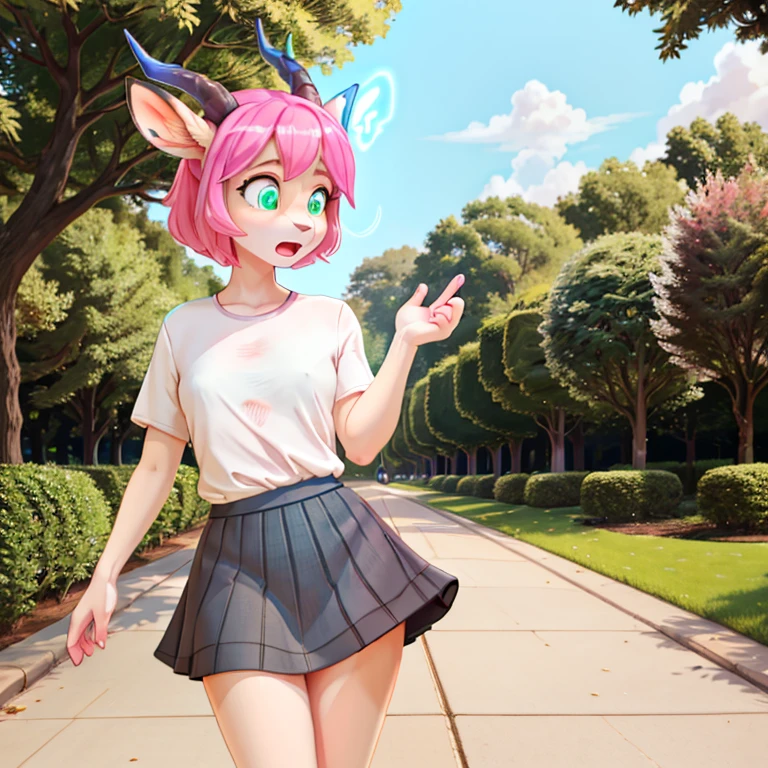 Shocked slim female antelope with long Pink hairs with Blue Highlights and glowing Green eyes wearing gray skirt and dark Blue top looking at herself there are some traces of Pink magic floating around her she is in the park