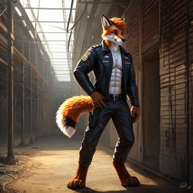 Masterpieces, furry, male, Anthropomorphic, red fox, blue eyes, black mark on muzzle, whiskers, thin body, age 20, Delicate eyes, furred body, at chernobyl , perfect lighting, light particles,(best quality),(masterpiece),(ultra detailed), sharp focus, light particles, detailed barren background, (black military short) , fierce look, soldier look, full body, six pack abs, brown forearms, orange hair, (digitigrade), open black leather jacket, (detailed muscle:1), pistol holster 