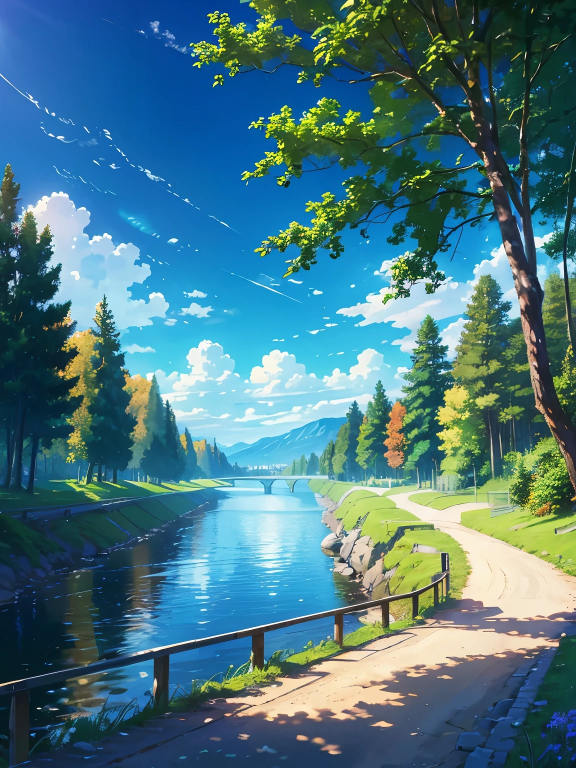 alta resolução,alta definição,alta qualidade,paisagem,realista,céu azul,ao longo do rio,Pista de caminhada