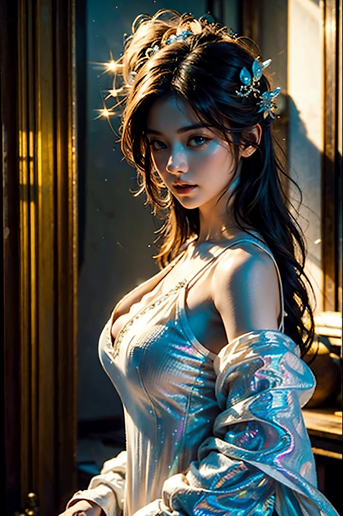 (k, masterpiece:1.21), (best quality:1.21), (an extremely delicate and beautiful), ((Hasselblad photography)), (realistic, photo-realistic:1.3),(UHD), high res,HDR, cinematic lighting, highly detailed, highly detailed background, woman, long hair, sunlight, gigantic breasts, iridescent dress, glowing stars, A digital illustration, glowing lotus, defraction spikes, chromatic aberration, bloom AND (glowing, holofoil:0.9), a beautiful fantasy empress, guweiz, ruan jia and artgerm, beautiful fantasy maiden, japanese goddess, It was empty inside and she didn't even wear a bra, When she moved her body, her two fat and white breasts swayed left and right, Under the friction with her clothes, her two lotus seed-sized nipples actually stood up, making her clothes bulge out by two pointed,