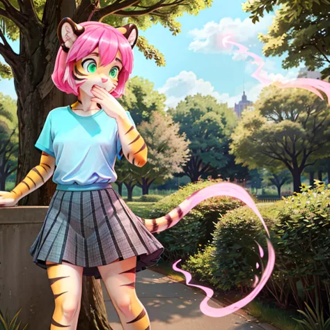 Shocked slim female tiger with long Pink hairs with Blue Highlights and glowing Green eyes wearing gray skirt and dark Blue top ...