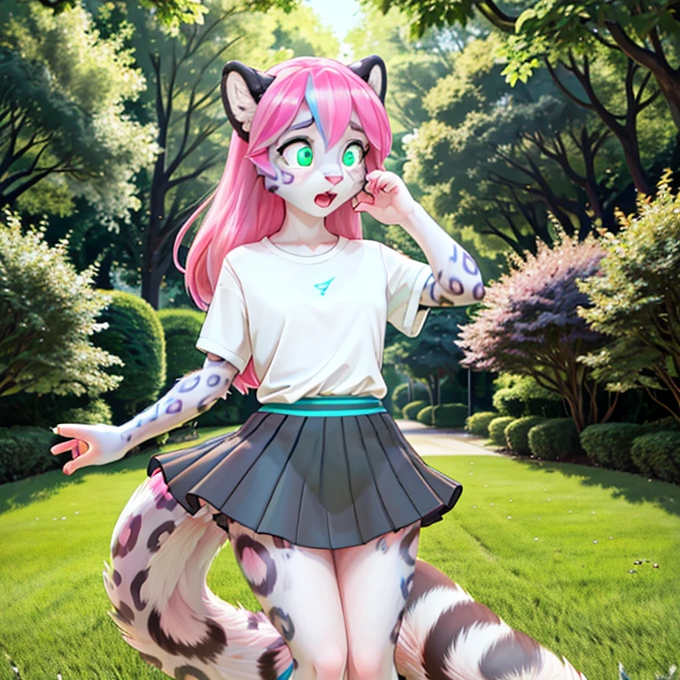 Shocked slim female snow leopard with long Pink hairs with Blue Highlights and glowing Green eyes wearing gray skirt and dark Blue top looking at herself there are some traces of Pink magic floating around her she is in the park