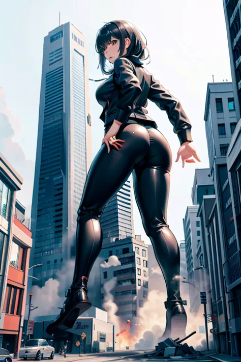 building, giantess art, a hyperrealistic , highly detailed giantess shot, der riese, blackhair, giantess wearing black latex pan...