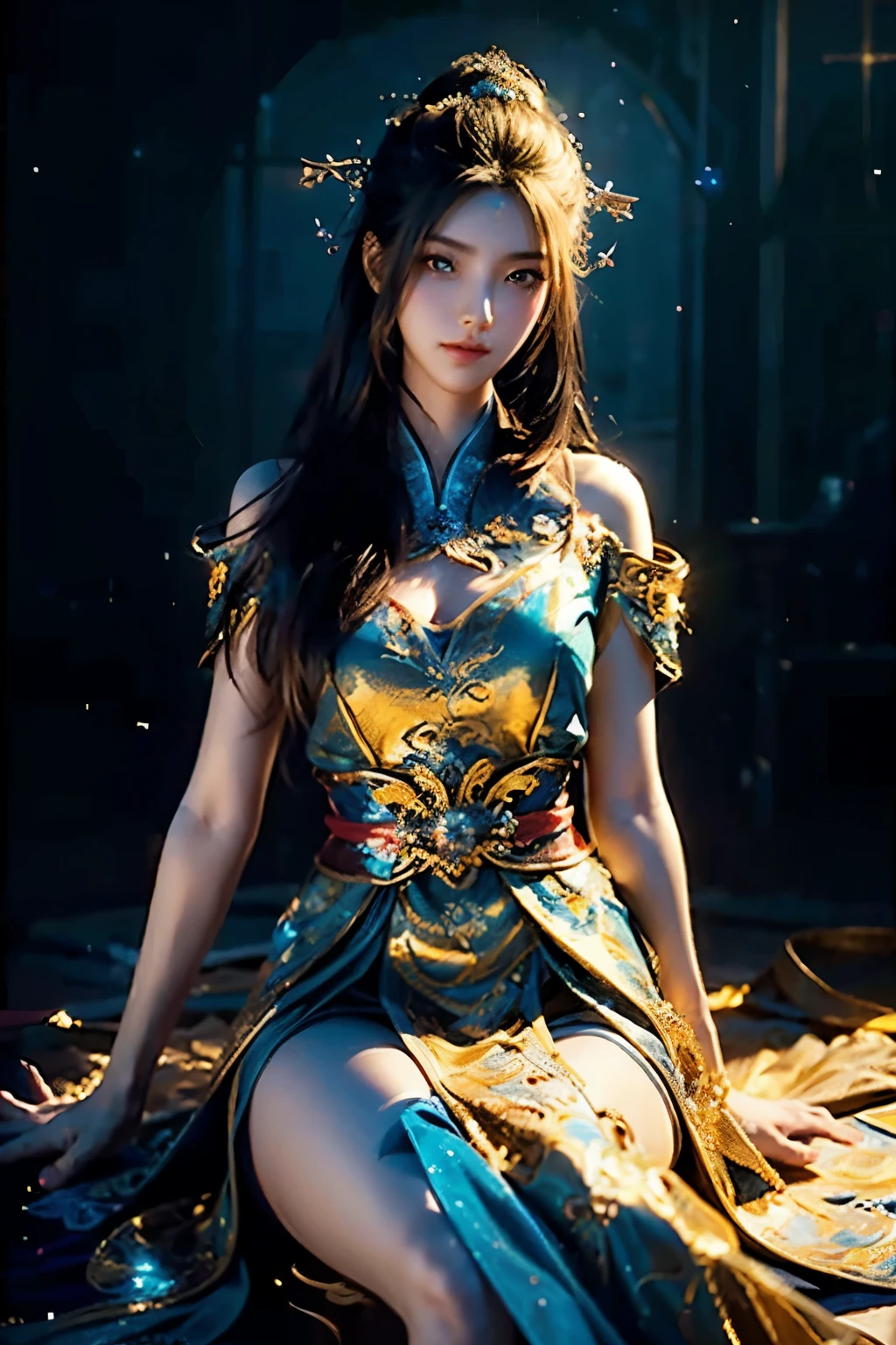 (k, masterpiece:1.21), (best quality:1.21), (an extremely delicate and beautiful), ((Hasselblad photography)), (realistic, photo-realistic:1.3),(UHD), high res,HDR, cinematic lighting, highly detailed, highly detailed background, woman, long hair, sunlight, gigantic breasts, iridescent dress, glowing stars, A digital illustration, glowing lotus, defraction spikes, chromatic aberration, bloom AND (glowing, holofoil:0.9), a beautiful fantasy empress, guweiz, ruan jia and artgerm, beautiful fantasy maiden, japanese goddess, 