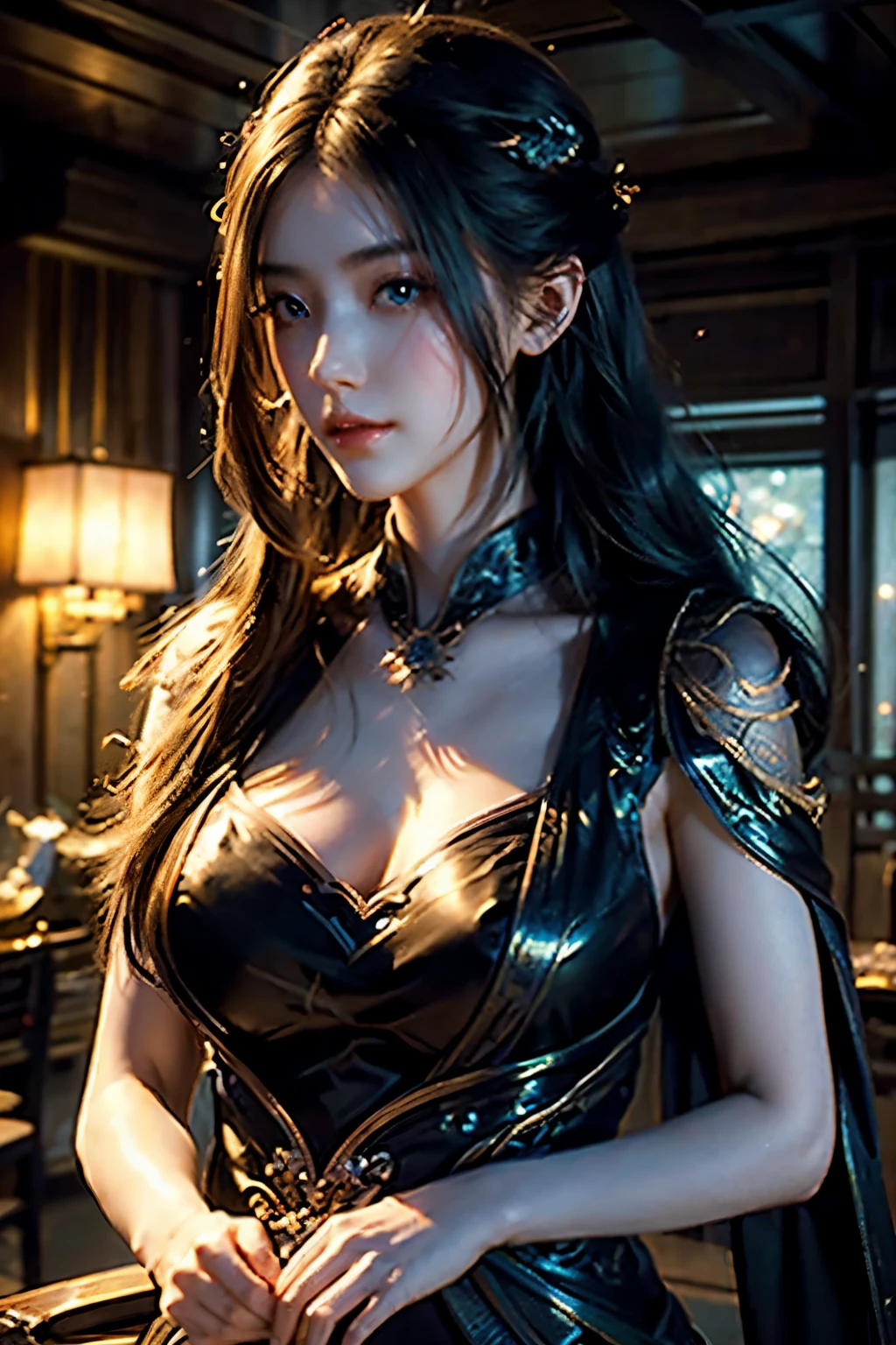 (64k, masterpiece:1.21), (best quality:1.21), (an extremely delicate and beautiful), ((Hasselblad photography)), (realistic, photo-realistic:1.3),(UHD), high res,HDR, cinematic lighting, highly detailed, highly detailed background, woman, long hair, sunlight, gigantic breasts, iridescent dress, glowing stars, A digital illustration, glowing lotus, defraction spikes, chromatic aberration, bloom AND (glowing, holofoil:0.9), a beautiful fantasy empress, guweiz, ruan jia and artgerm, beautiful fantasy maiden, japanese goddess, 