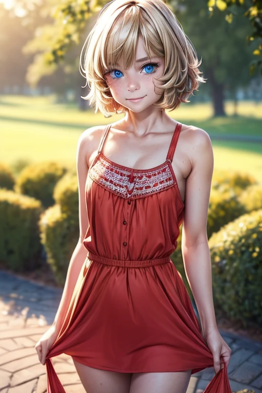 1female，age 5，bit girl，Small ，solo, (Background with：city park，bright park, ）, dynamic angle, ultra detailed, illustration, close-up, straight, only 1 girl, She has blonde hair，（（tmasterpiece），（Very detailed CG unity 8K wallpaper），best qualtiy，cinematic lighting，detailed background，beatiful detailed eyes，Bright pupils，Blue eyes，（Very fine and beautiful），（Beautiful and detailed eye description），ultra - detailed，tmasterpiece，）），A high resolution，ultra - detailed），Flushed complexion，Smile，Desire for dissatisfaction，elementary student，（Wearing：short sundress）, (dress in red color, beauty, vivacious, lovely, slim body, ) , revealing panties [[delicate fingers and hands:0.55]::0.85],(detail of fingers))), skirt lift