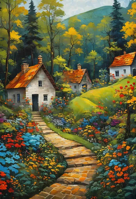 (masterpiece, best quality:1.2),Graphic Geometric Art，There is a path leading to a house in the painting, Village in the forest,...