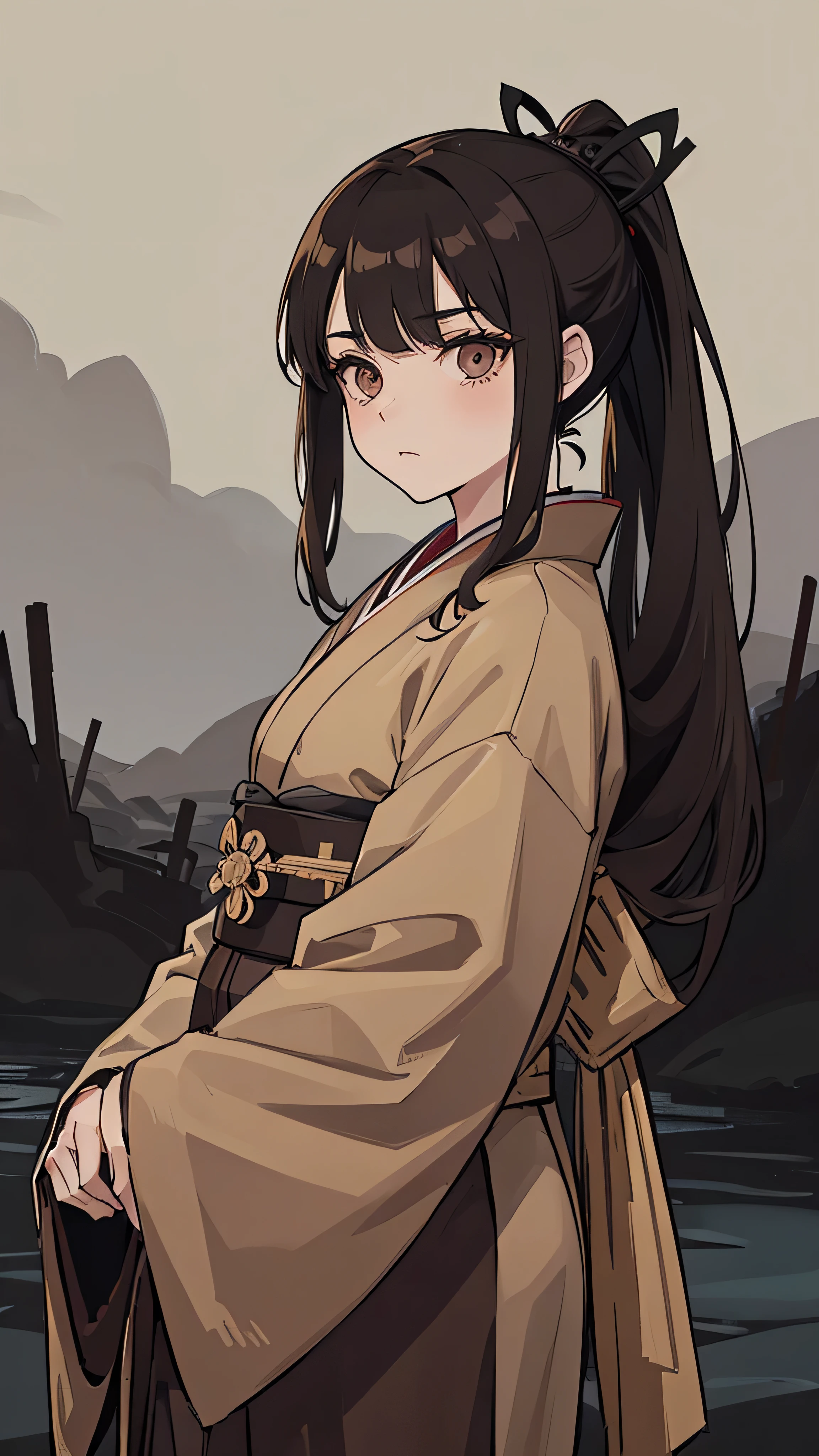 taisho period Japan woman, grunge aesthetic, eerie moorlands behind her, eerie thriller aesthetic, moody aesthetic, ominous, gloomy style, medium length dirty brown hair, ponytail, kimetsu no yaiba, wearing tan kimono, samurai, brown eyes, tan kimono, tan clothes