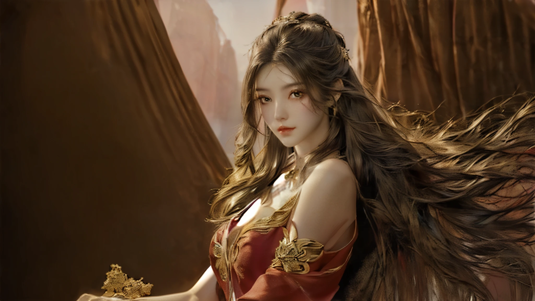 (k, masterpiece:1.21), (best quality:1.21), (an extremely delicate and beautiful), ((Hasselblad photography)), (realistic, photo-realistic:1.3),(UHD), high res,HDR, cinematic lighting, highly detailed, highly detailed background, woman, long hair, sunlight, gigantic breasts, iridescent dress, glowing stars, A digital illustration, glowing lotus, defraction spikes, chromatic aberration, bloom AND (glowing, holofoil:0.9), a beautiful fantasy empress, guweiz, ruan jia and artgerm, beautiful fantasy maiden, japanese goddess,
