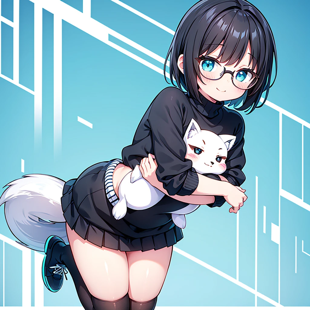 One Short woman, small breasts, short black hair that covers right eye, oversized striped turtleneck sweater, cute, shy, wearing glasses, athletic thighs, black stockings and white shoes, white and cyan sweater, short white skirt, full body view, shyly smiling, hugging a toy fox to her chest