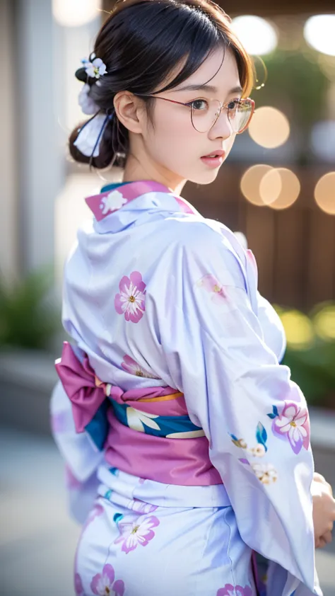 (masterpiece, highest quality:1.4), beautiful face, 8k, 85mm, absurd, (floral yukata:1.4), face close-up, violet, gardenia, deli...