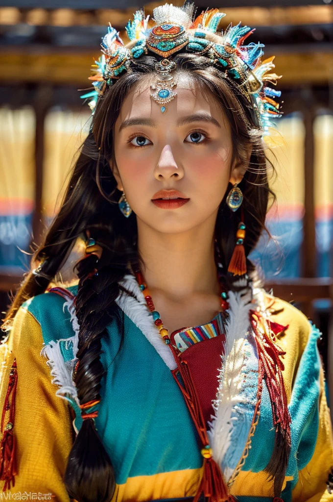 ( masterpiece, top quality, best quality,8k,years old girl,ultra detailed,raw photo:1.5),(photorealistic:1.4), (cinematic lighting), PerfectNwsjMajic, , Surrealism, UHD, ccurate, Super detail, textured skin, High detail, Best quality, dynamic angle, White skin,[Beautiful blue eyes], high nose,(1girl),(good anatomy:0.5)), Dreamy atmosphere,(Dark brown skin, Textured skin, Highland flushed face, Sunburn, tanned, sunspot), Beautiful Tibetan girl in Potala Palace, prayer flags，Potala Palace, Tibetan culture, Bright eyes, Traditional Tibetan art costumes, Tibetan robes, Tibetan headdress, Tibetan jewelry, Turquoise, amber, Observe the audience