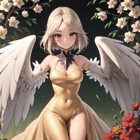 haprycpt, winged arms, harpy, feather tails, solo, 1girl, looking at viewer, smile, blush, medium breasts, beige hair, pompadour...