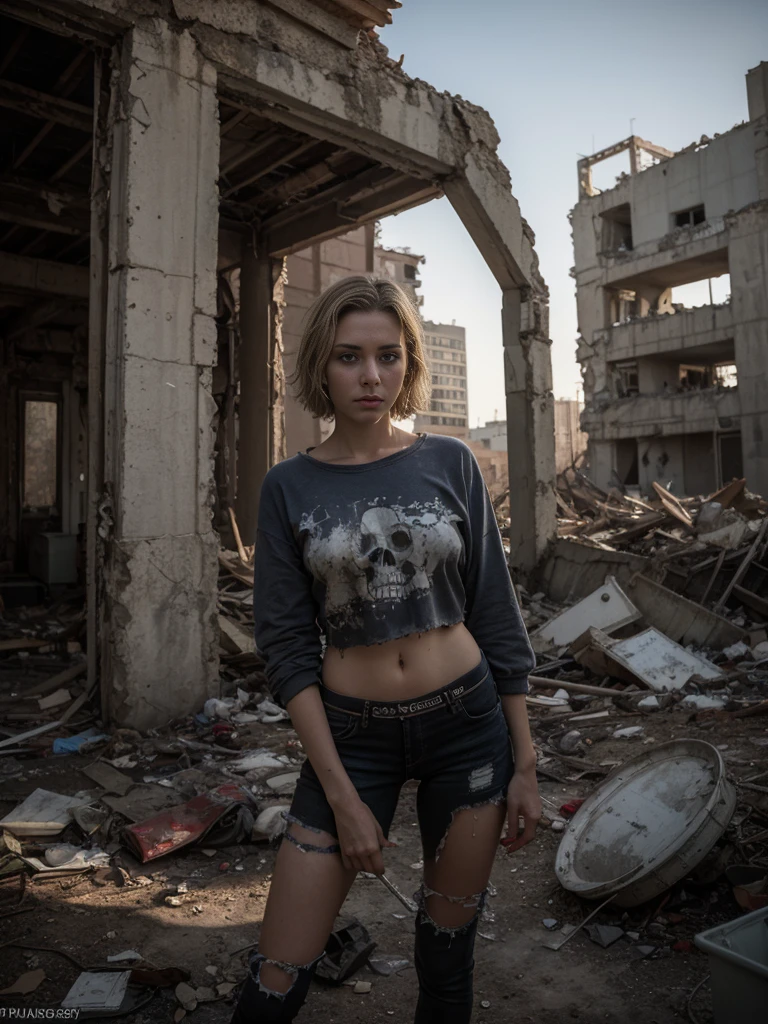 (Highest quality:1.3), cinematic shot, masterpiece, (sharp focus:1.5), (photorealistic:1.3), medium portrait of a Russian girl 26 years old, Blonde Dirty Short Hair, dusty face, Dressed in the armor of the future, Against the backdrop of a desolate post-apocalypse, Ruined Moscow, Ruins of the Kremlin, AR-16 rifle in hand, the wind, dust, Destroyed buildings, Skeletons of burnt cars, Oppressive atmosphere, Dirty skies, photo realism, Sharp focus, Human bones and skulls are scattered everywhere, garbage heaps,Wreckage of buildings, Fallout, Photo 3/4, Realistic Facial Skin, Dust on clothes, Oppressive atmosphere,