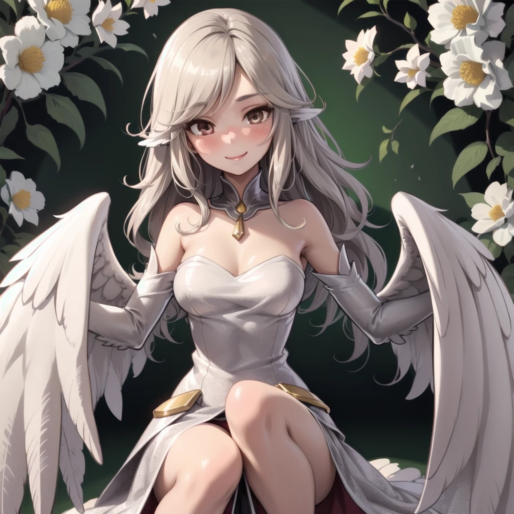 haprycpt, winged arms, harpy, feather tails, solo, 1girl, looking at viewer, smile, blush, medium breasts, beige hair, pompadour, brown eyes, beautiful detailed face, ultra detailed eyes, silver feathers, glittering light, Eucalyptus_seeded \(flower\), floral background, ((Long Hair))
