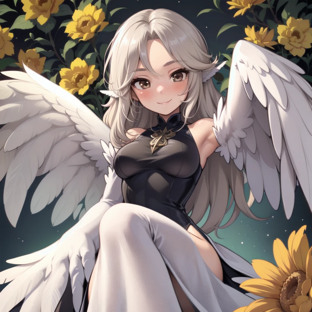 haprycpt, winged arms, harpy, feather tails, solo, 1girl, looking at viewer, smile, blush, medium breasts, beige hair, pompadour, brown eyes, beautiful detailed face, ultra detailed eyes, silver feathers, glittering light, Eucalyptus_seeded \(flower\), floral background, ((Long Hair))
